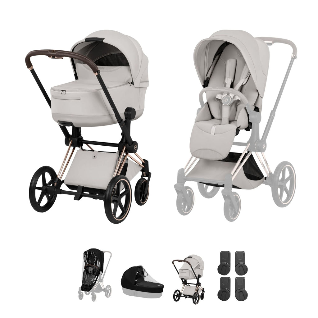 Cybex PRIAM Fold Cot Accessory Bundle- Style City Grey & Rose Gold Frame