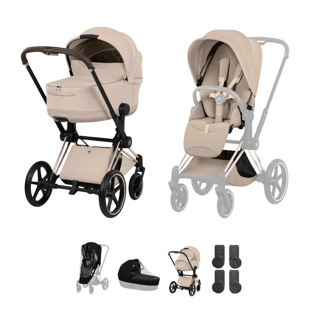 Cybex PRIAM Fold Cot Accessory Bundle - Style Cozy Beige & Rose Gold Frame