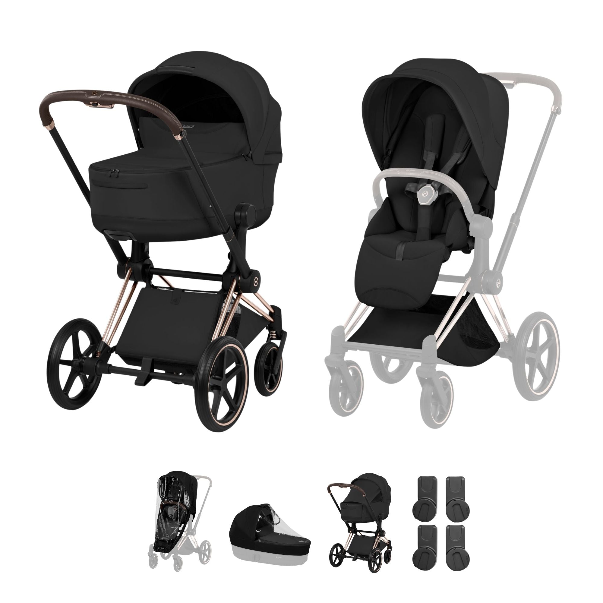 Cybex PRIAM Fold Cot Accessory Bundle - Style Sepia Black & Rose Gold Frame