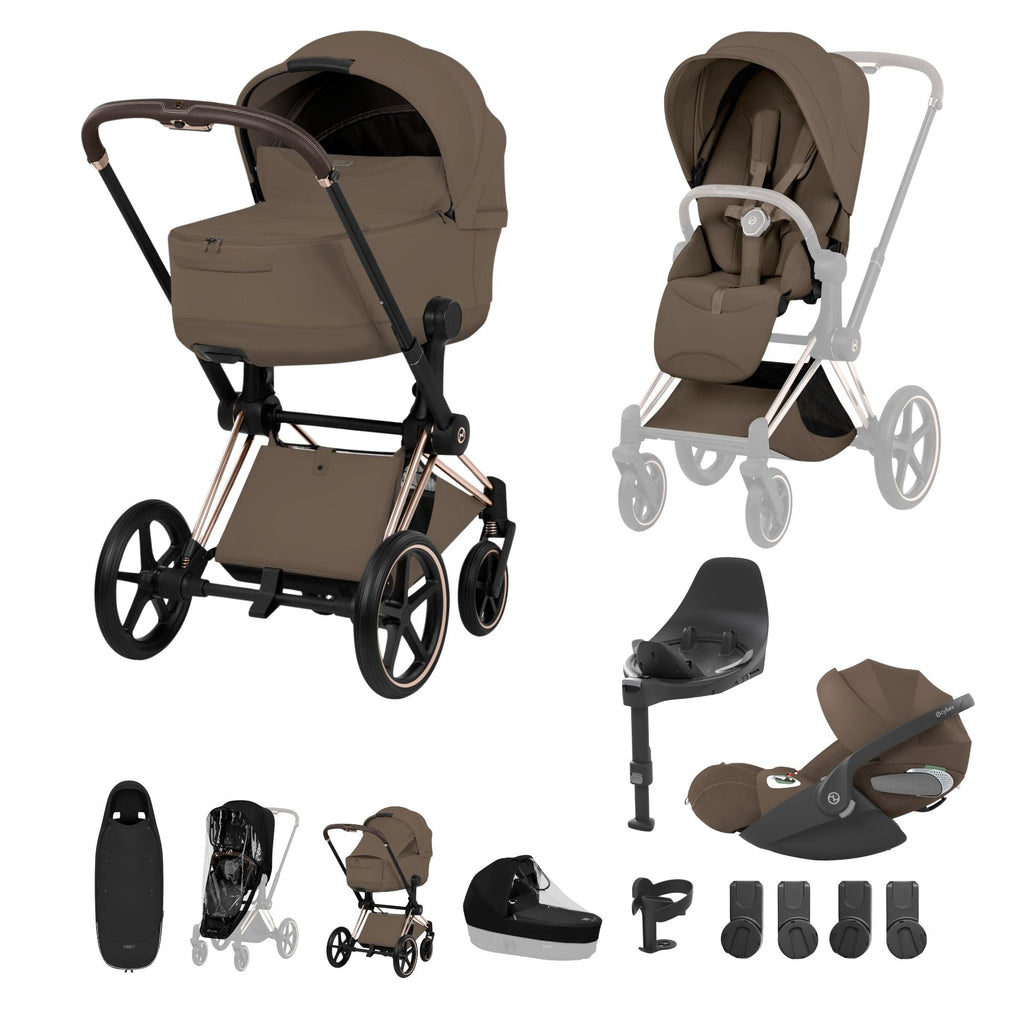 Cybex PRIAM Fold Cot Ultimate Travel System Bundle - Style Coconut Brown & Rose Gold Frame