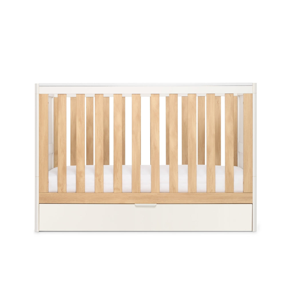 Tutti Bambini Riley Mini Cot Bed with Drawer - White & Maple Oak