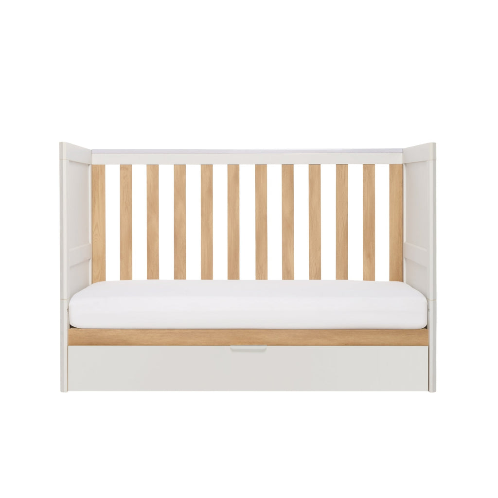 Tutti Bambini Riley Mini Cot Bed with Drawer - White & Maple Oak