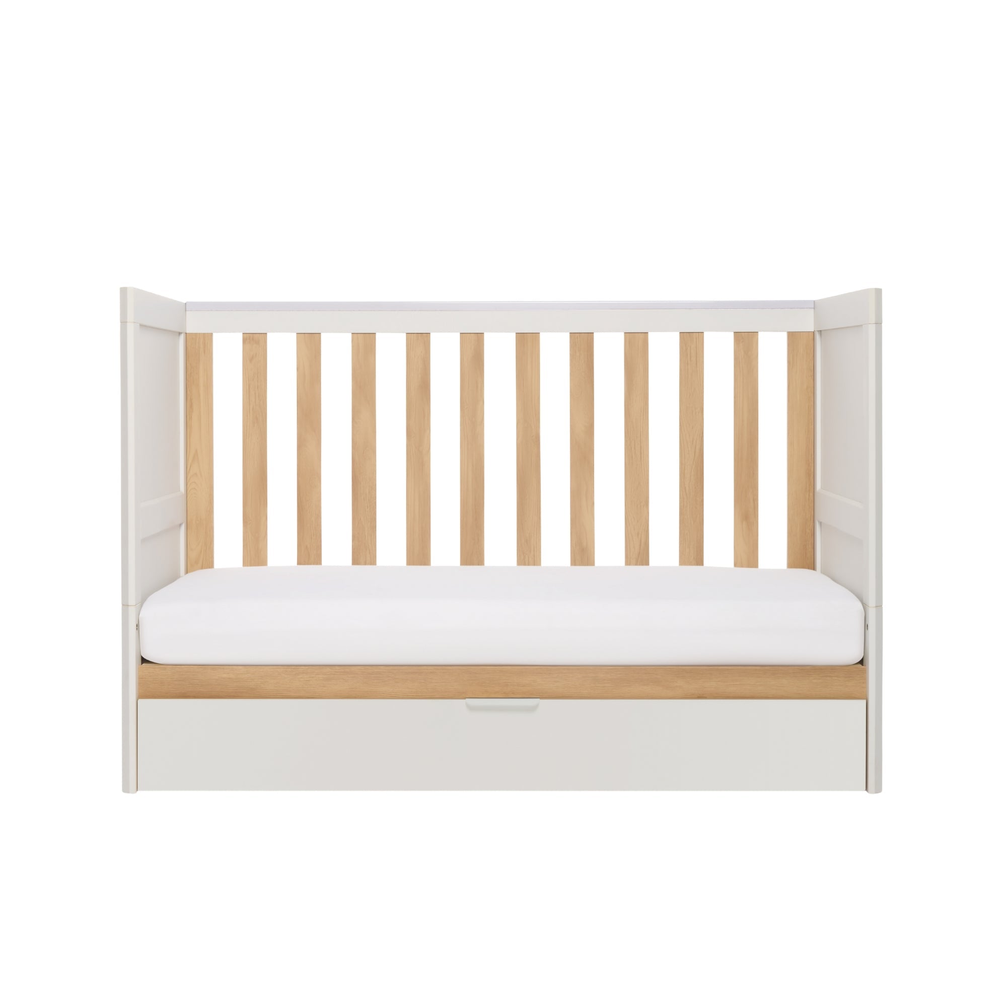 Tutti Bambini Riley Mini Cot Bed with Drawer - White & Maple Oak