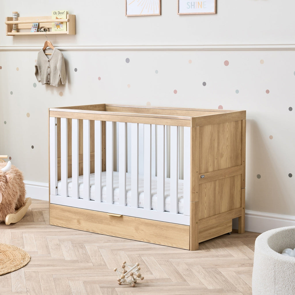 Tutti Bambini Riley Mini Cot Bed with Drawer - Maple Oak & White