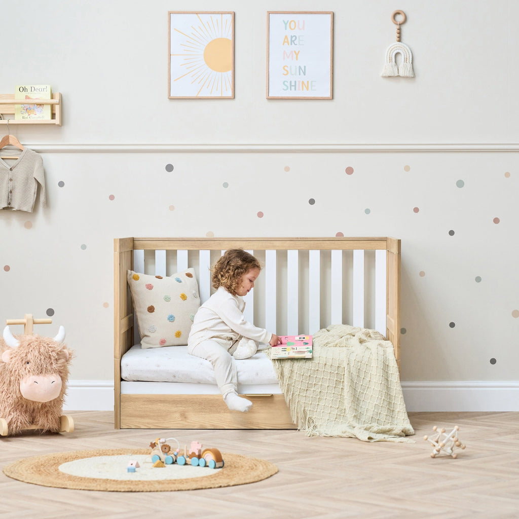 Tutti Bambini Riley Mini Cot Bed with Drawer - Maple Oak & White