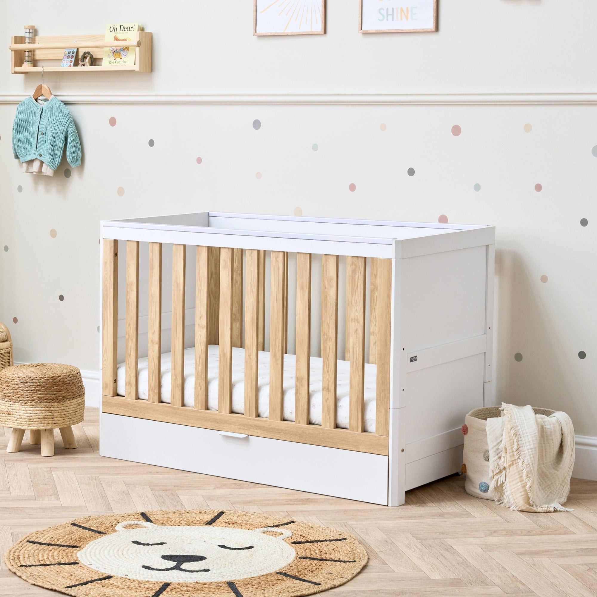Tutti Bambini Riley Mini Cot Bed with Drawer - White & Maple Oak