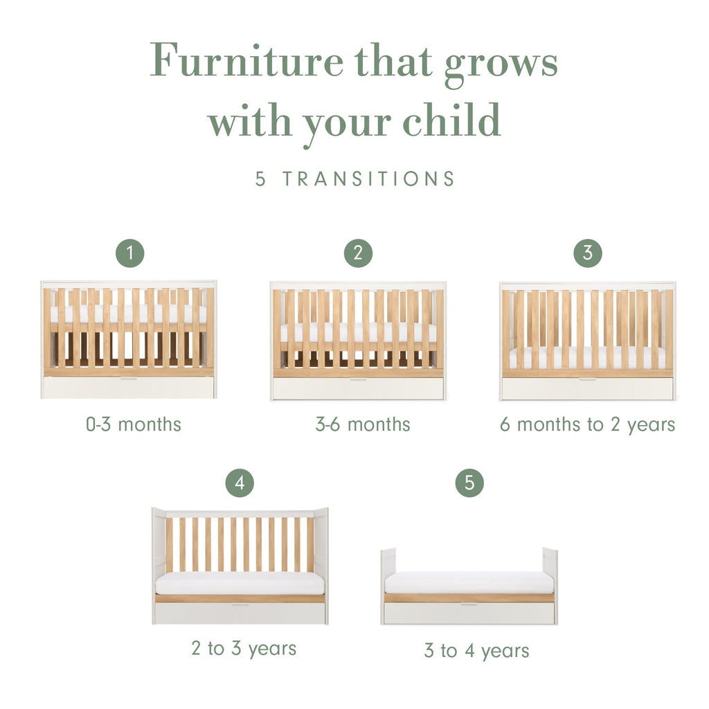 Tutti Bambini Riley Mini Cot Bed with Drawer - White & Maple Oak
