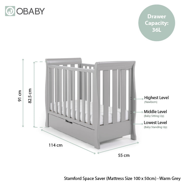 Obaby Stamford Space Saver Sleigh 2 Piece Room Set - Warm Grey