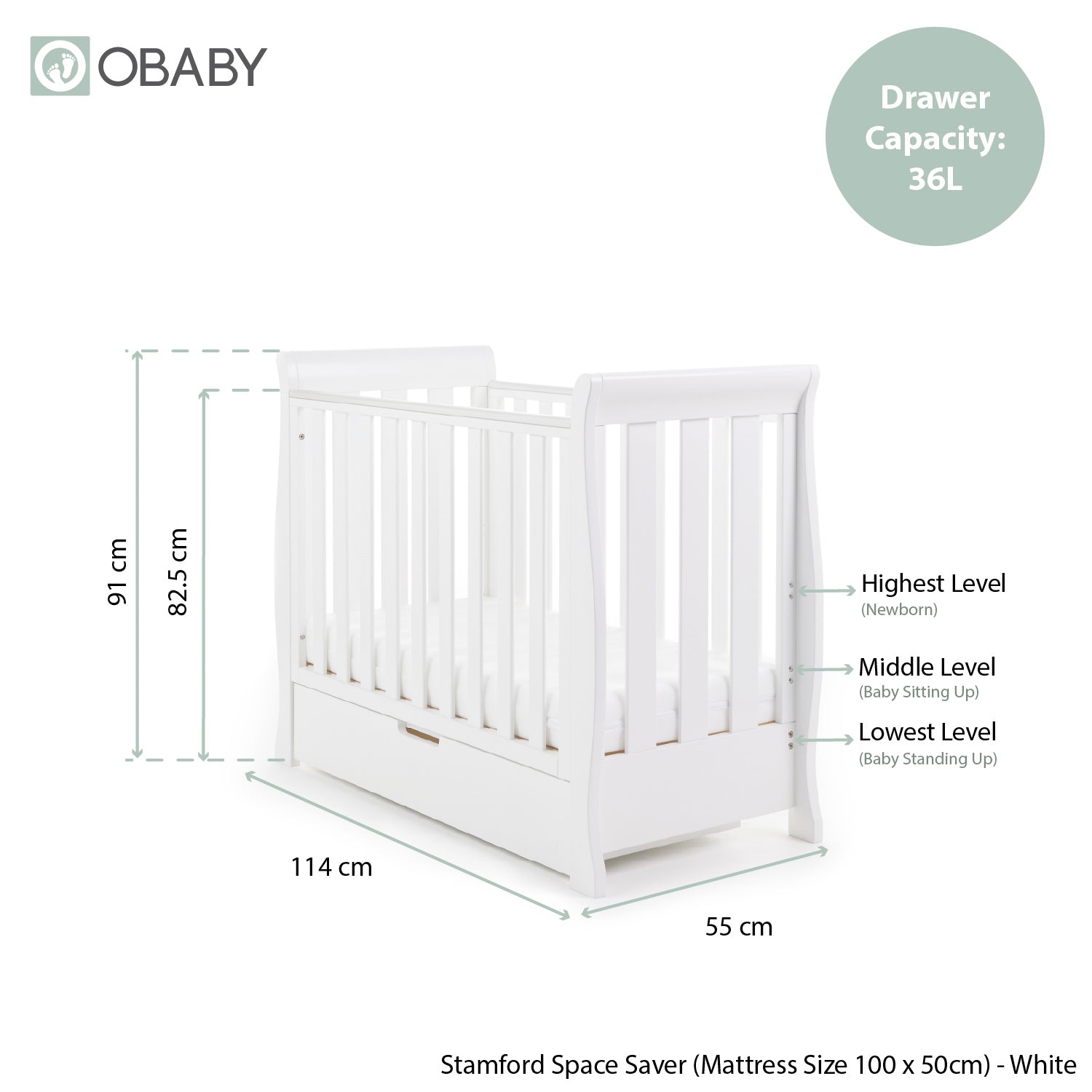 Obaby Stamford Space Saver Sleigh Cot - White