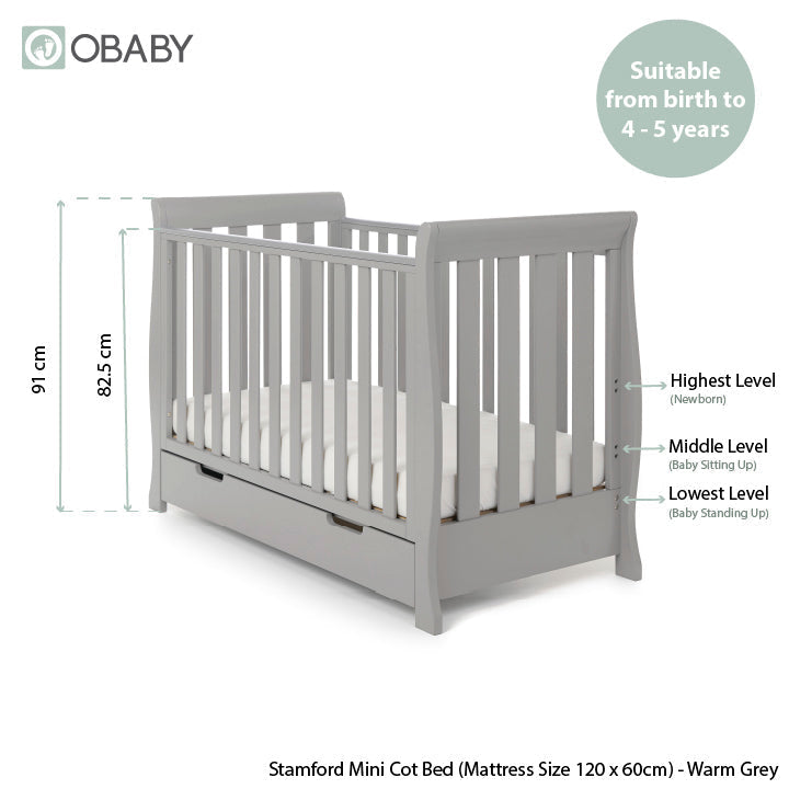 Obaby Stamford Mini Sleigh Cot Bed - Warm Grey