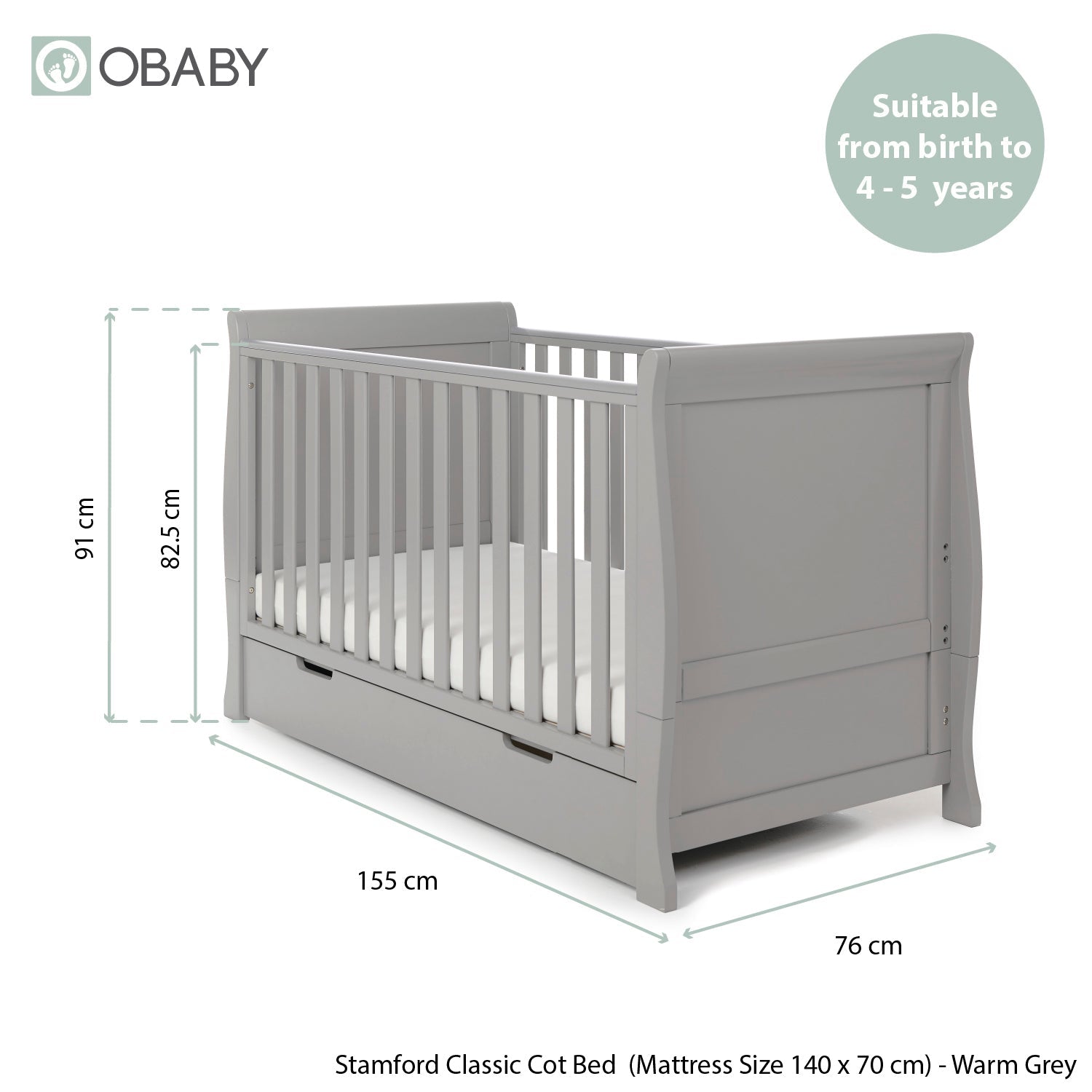Obaby Stamford Classic Sleigh 2 Piece Room Set - Warm Grey