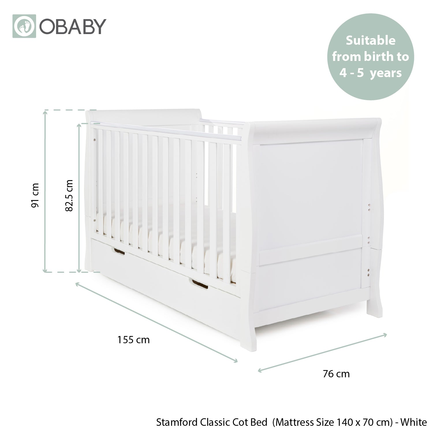 Obaby Stamford Classic Sleigh 3 Piece Room Set - White