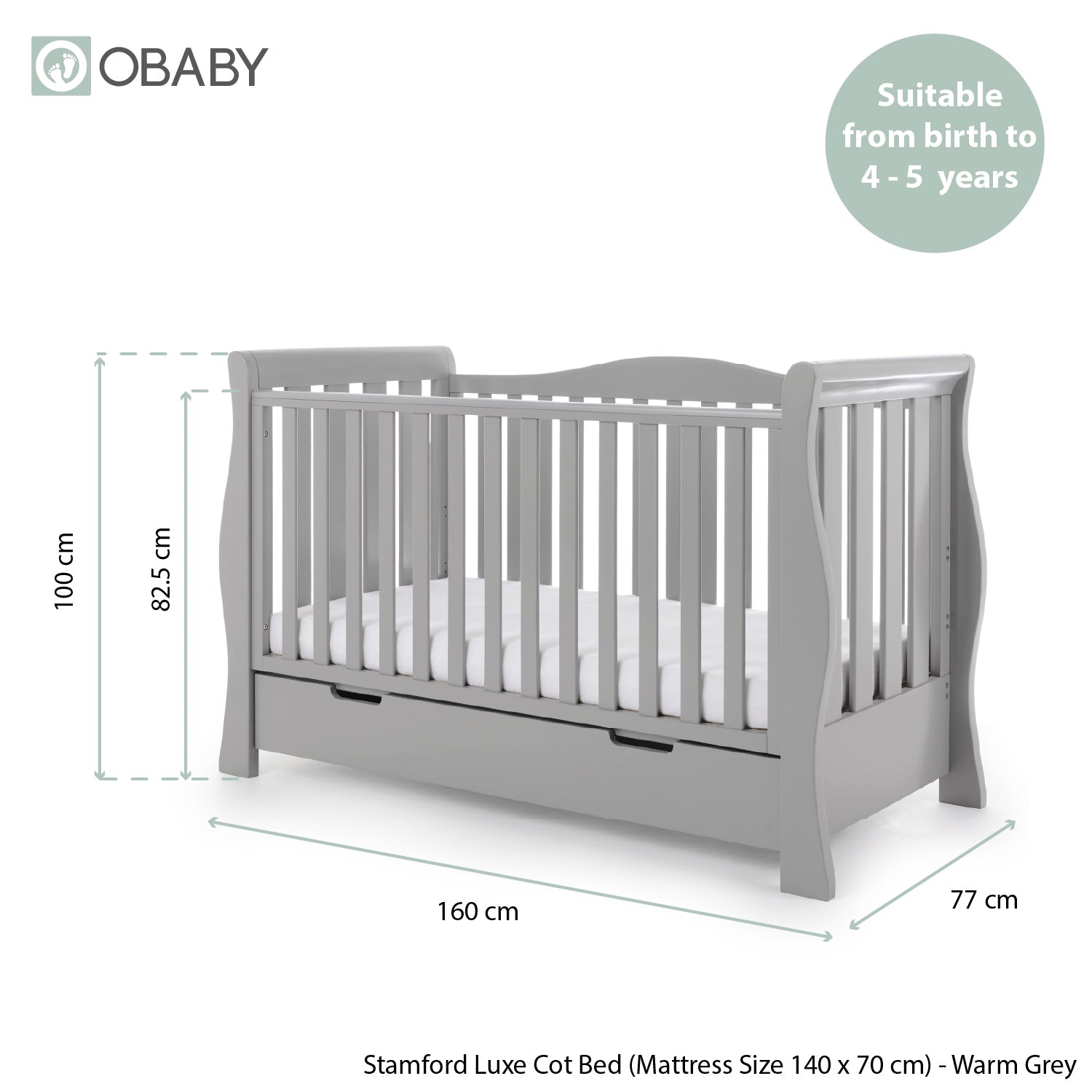 Obaby Stamford Luxe Sleigh 2 Piece Room Set - Warm Grey