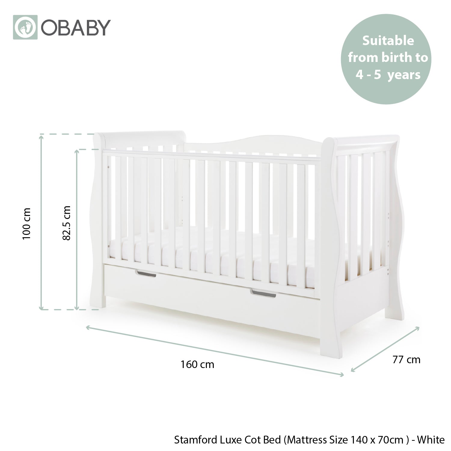 Obaby Stamford Luxe Sleigh 3 Piece Room Set - White