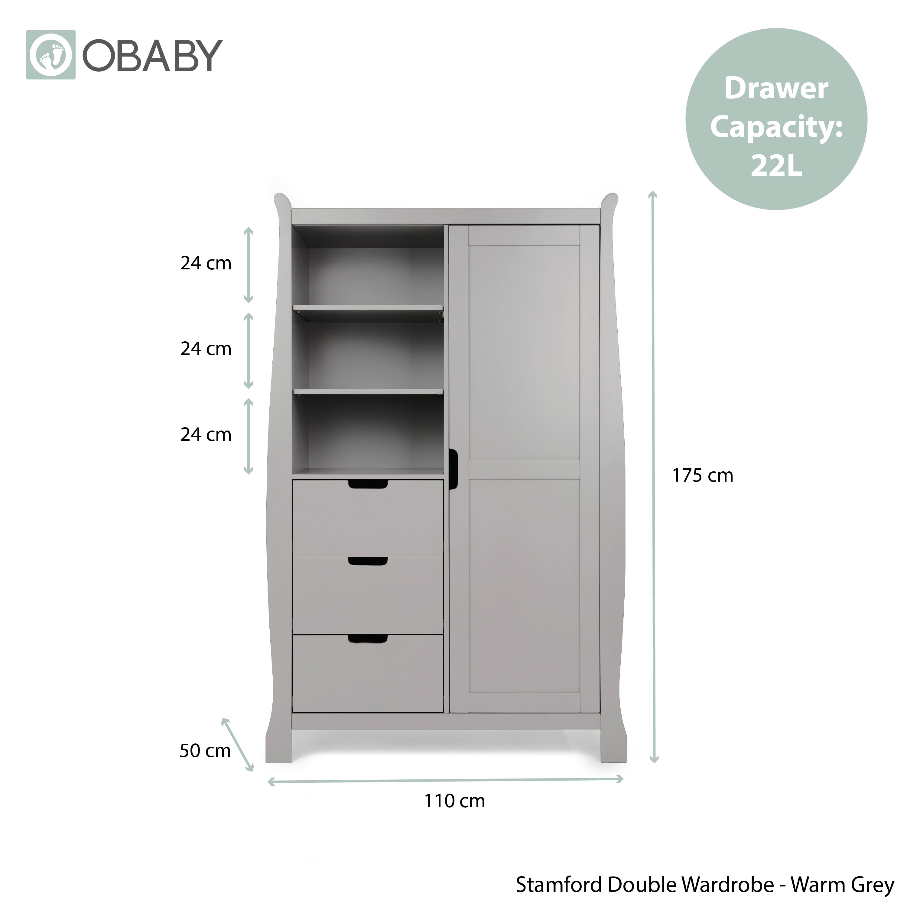 Obaby Stamford Luxe Sleigh 3 Piece Room Set - Warm Grey