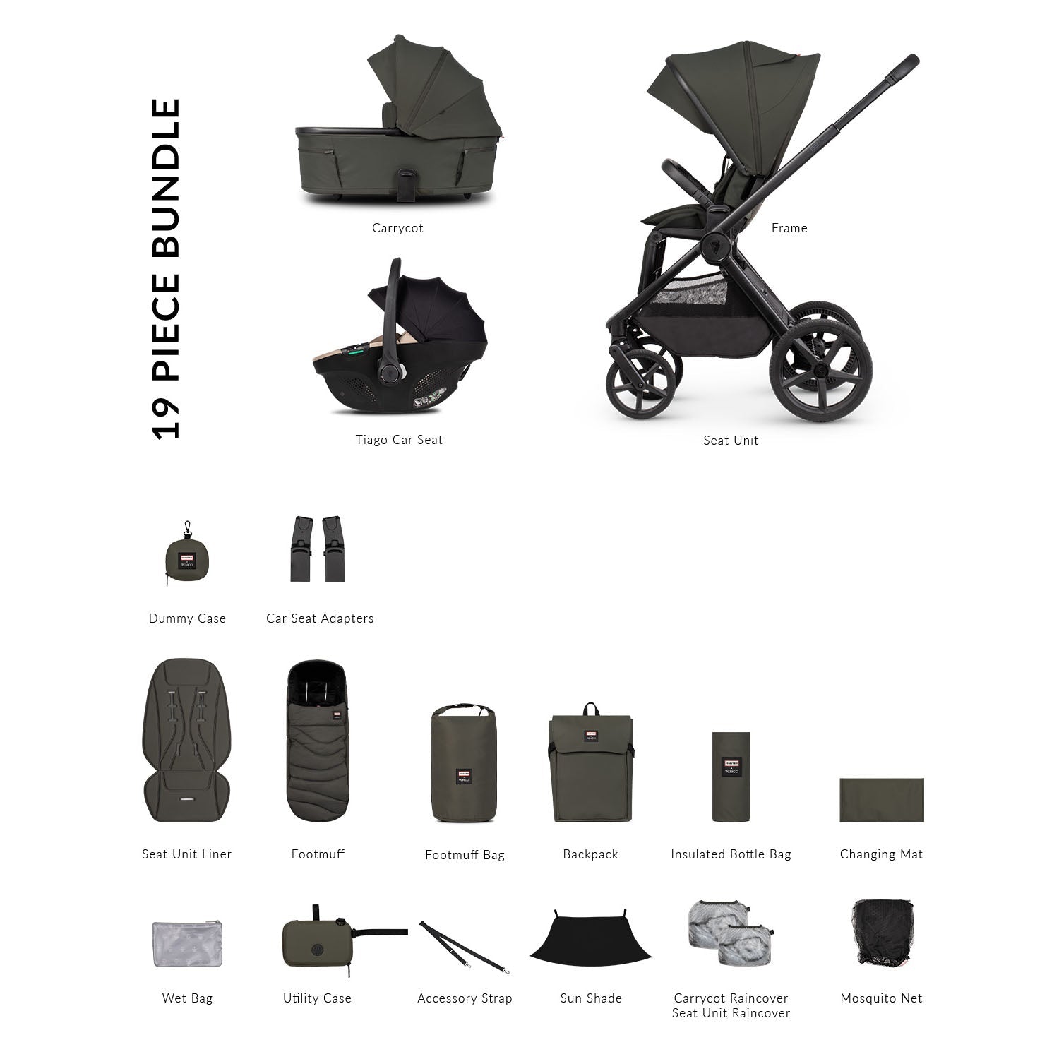 Venicci x Hunter Upline 3 Comfort 3in1 Tiago 360 Car Seat Bundle - Dark Olive