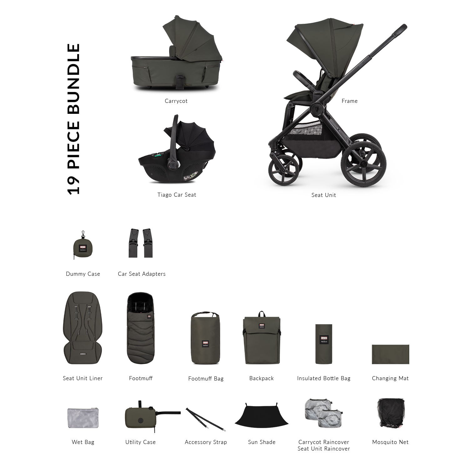 Venicci x Hunter Upline 3 Comfort 3in1 Tiago 360 Car Seat Bundle - Dark Olive