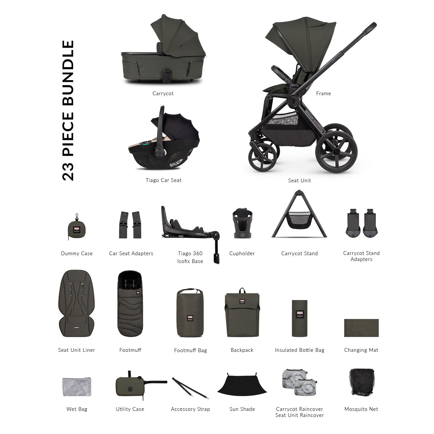 Venicci x Hunter Upline 3 Ultimate 4in1 Plus Tiago Car Seat & 360 Base Bundle - Dark Olive