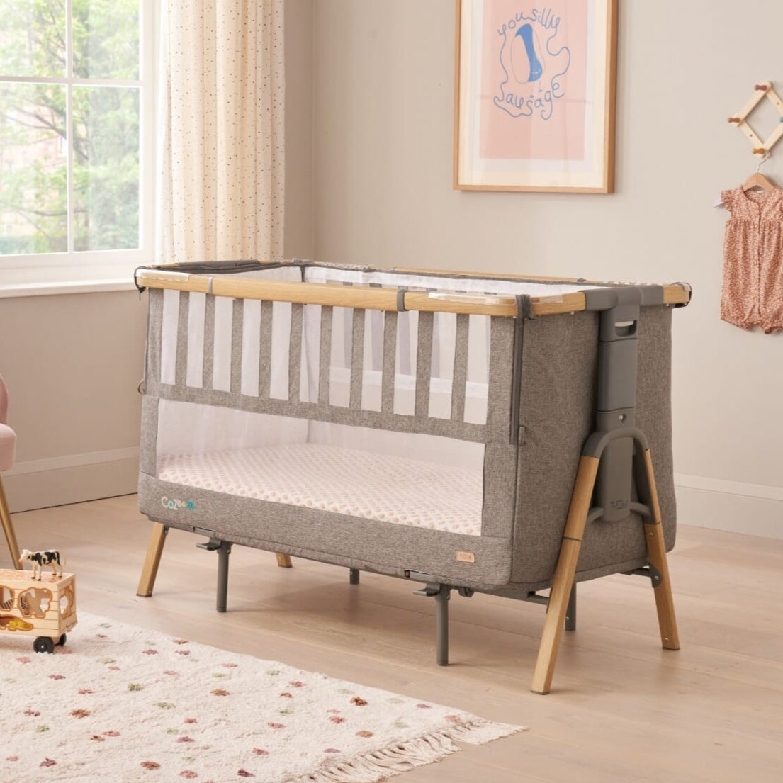Tutti Bambini CoZee XL Bedside Crib & Cot - Oak & Charcoal