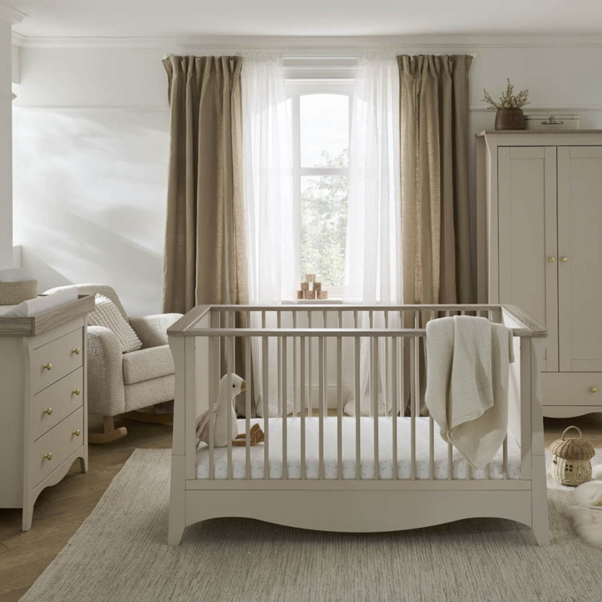 CuddleCo Clara 3 Piece Nursery Furniture Set (Cot Bed, Dresser & Wardrobe) - Cashmere and Ash 1