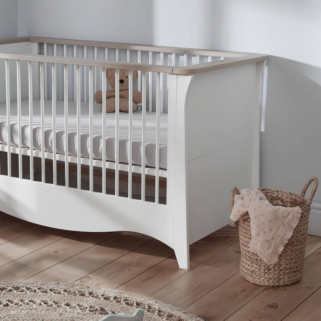 CuddleCo Clara 3 Piece Nursery Furniture Set (Cot Bed, Dresser & Wardrobe) - White and Ash 12