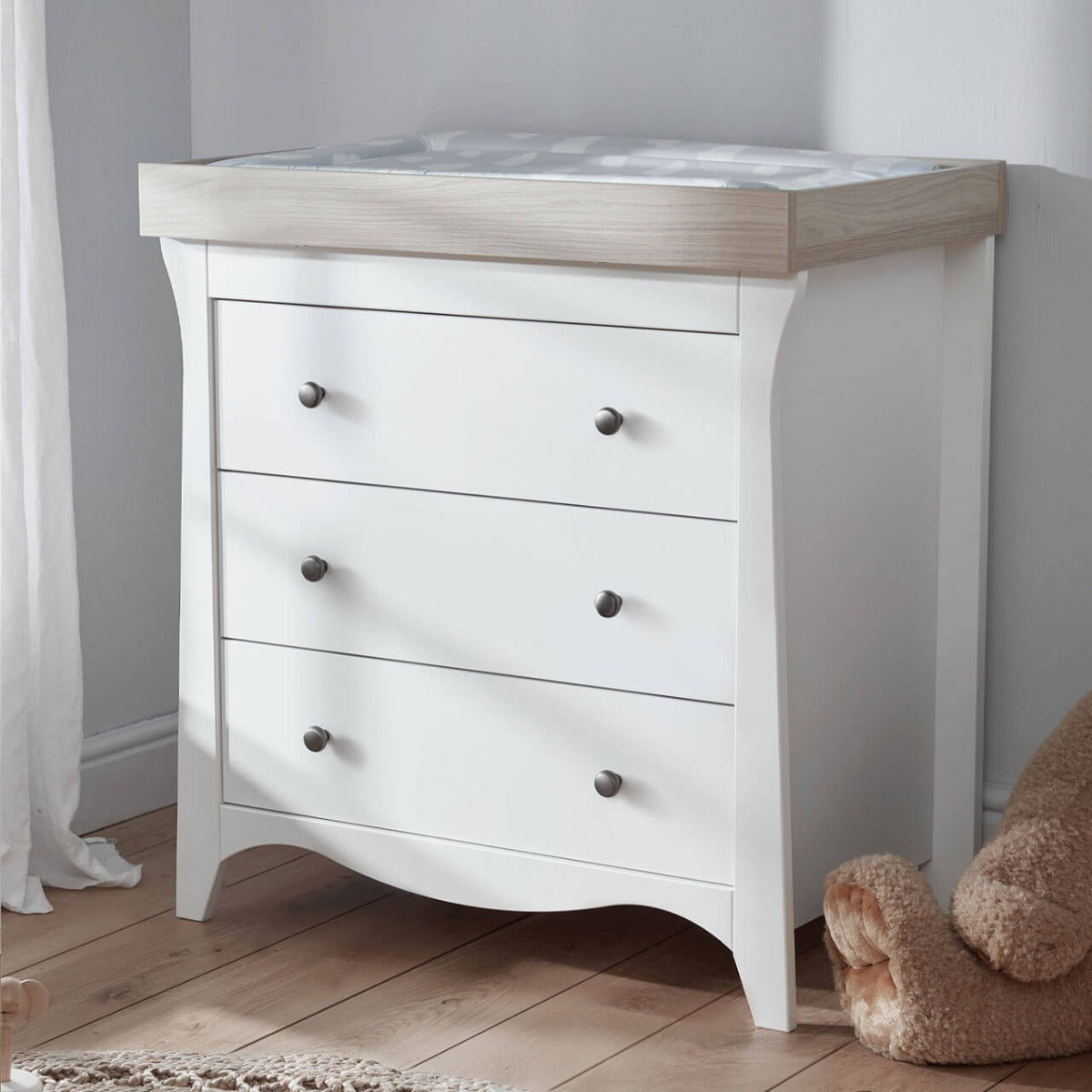 CuddleCo Clara 3 Piece Nursery Furniture Set (Cot Bed, Dresser & Wardrobe) - White and Ash 17