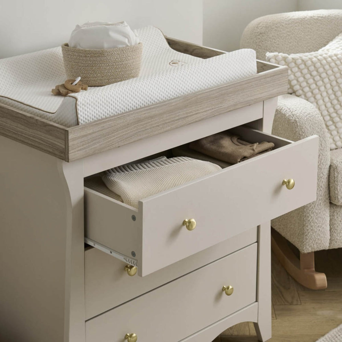 CuddleCo Clara 2 Piece Nursery Furniture Set (Cot Bed & Dresser) - Cashmere and Ash 14