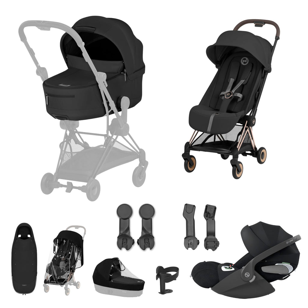 Cybex COYA Fold Cot Ultimate Travel System Bundle - Comfort Sepia Black & Rose Gold Frame