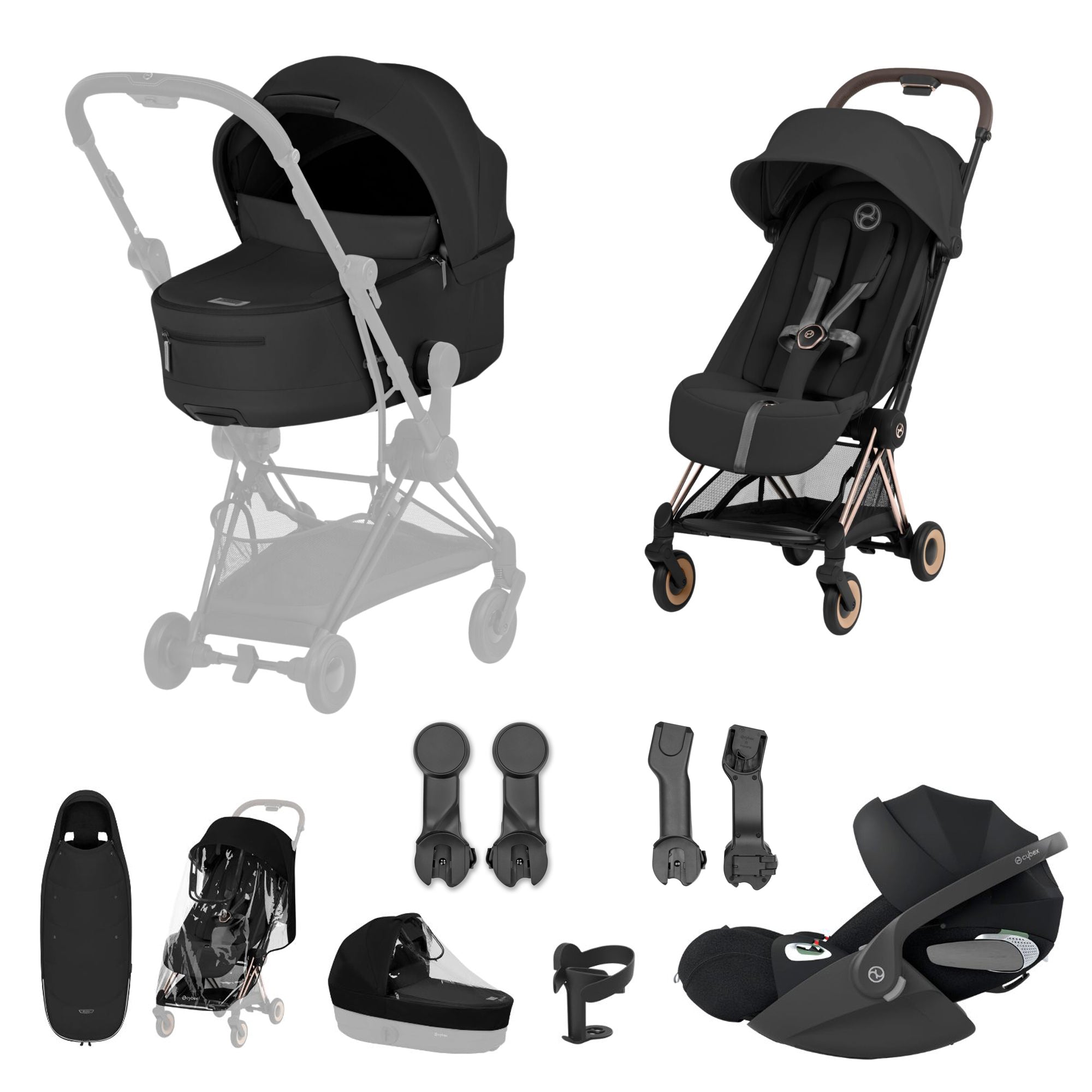 Cybex COYA Fold Cot Ultimate Travel System Bundle - Comfort Sepia Black & Rose Gold Frame
