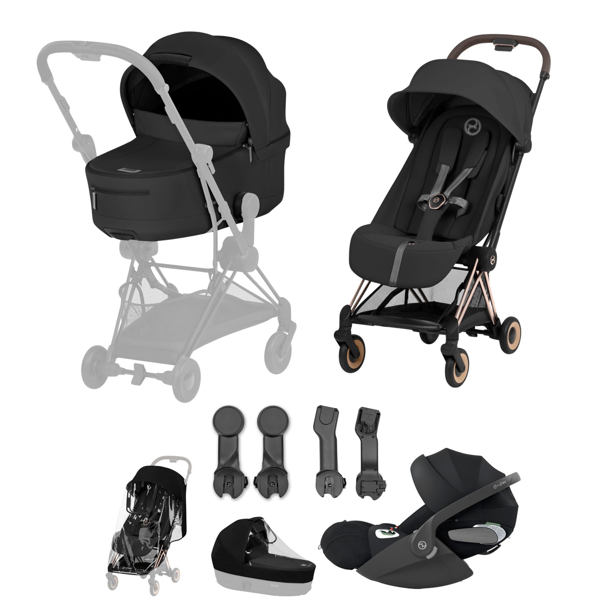 Cybex COYA Fold Cot Ultimate Travel System Bundle - Comfort Sepia Black & Rose Gold Frame