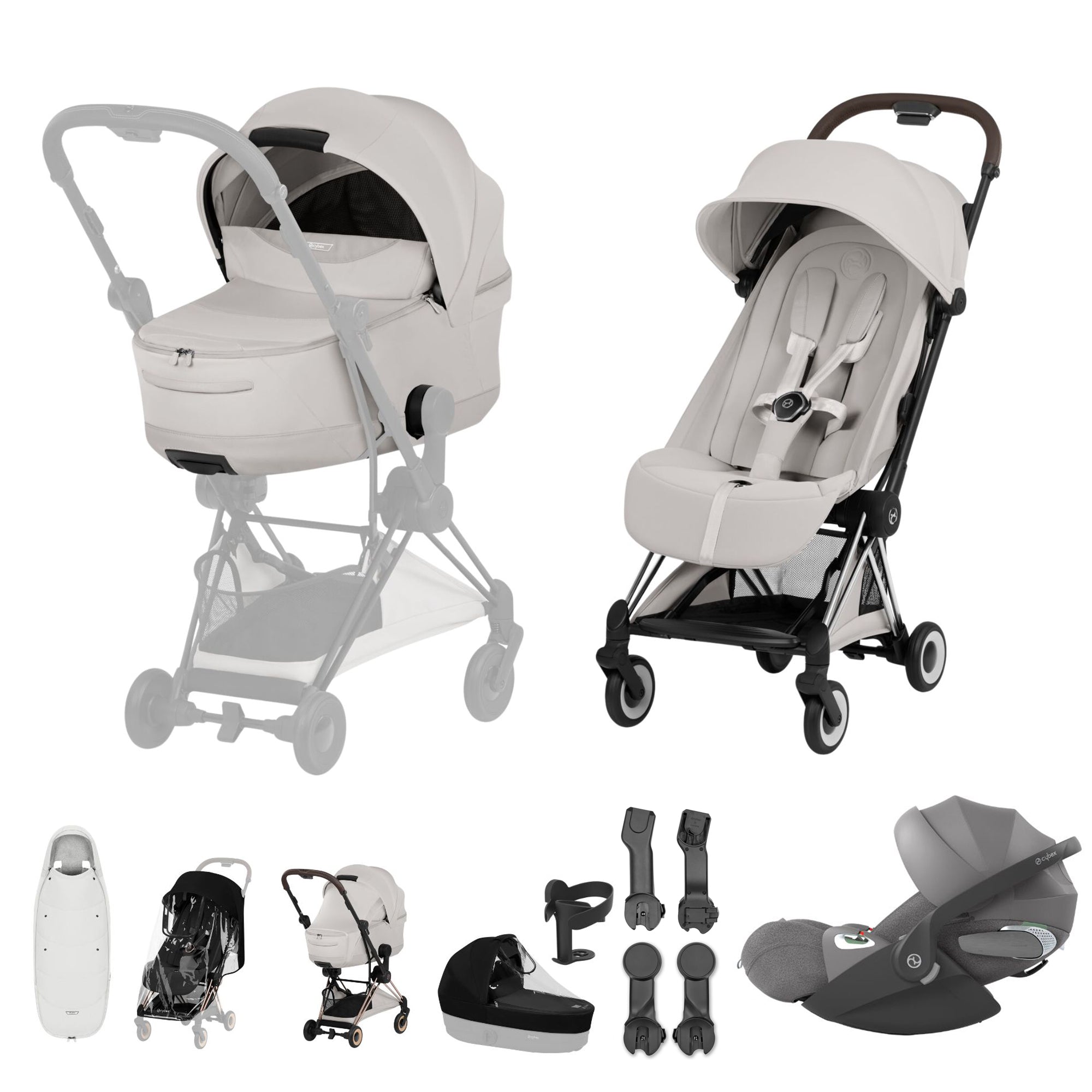 Cybex COYA Fold Cot Ultimate Travel System Bundle - Style City Grey & Chrome Brown Frame