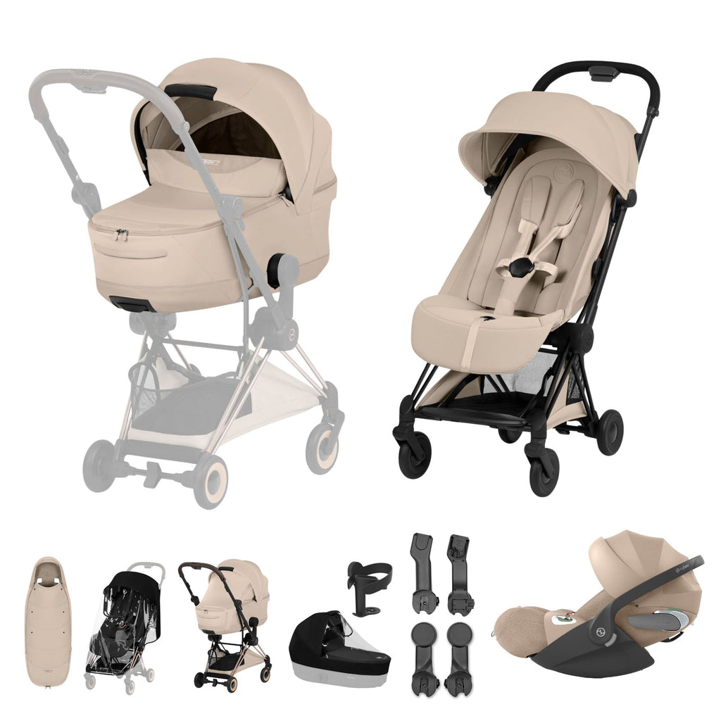 Cybex COYA Fold Cot Ultimate Travel System Bundle - Style Cozy Beige & Matt Black Frame