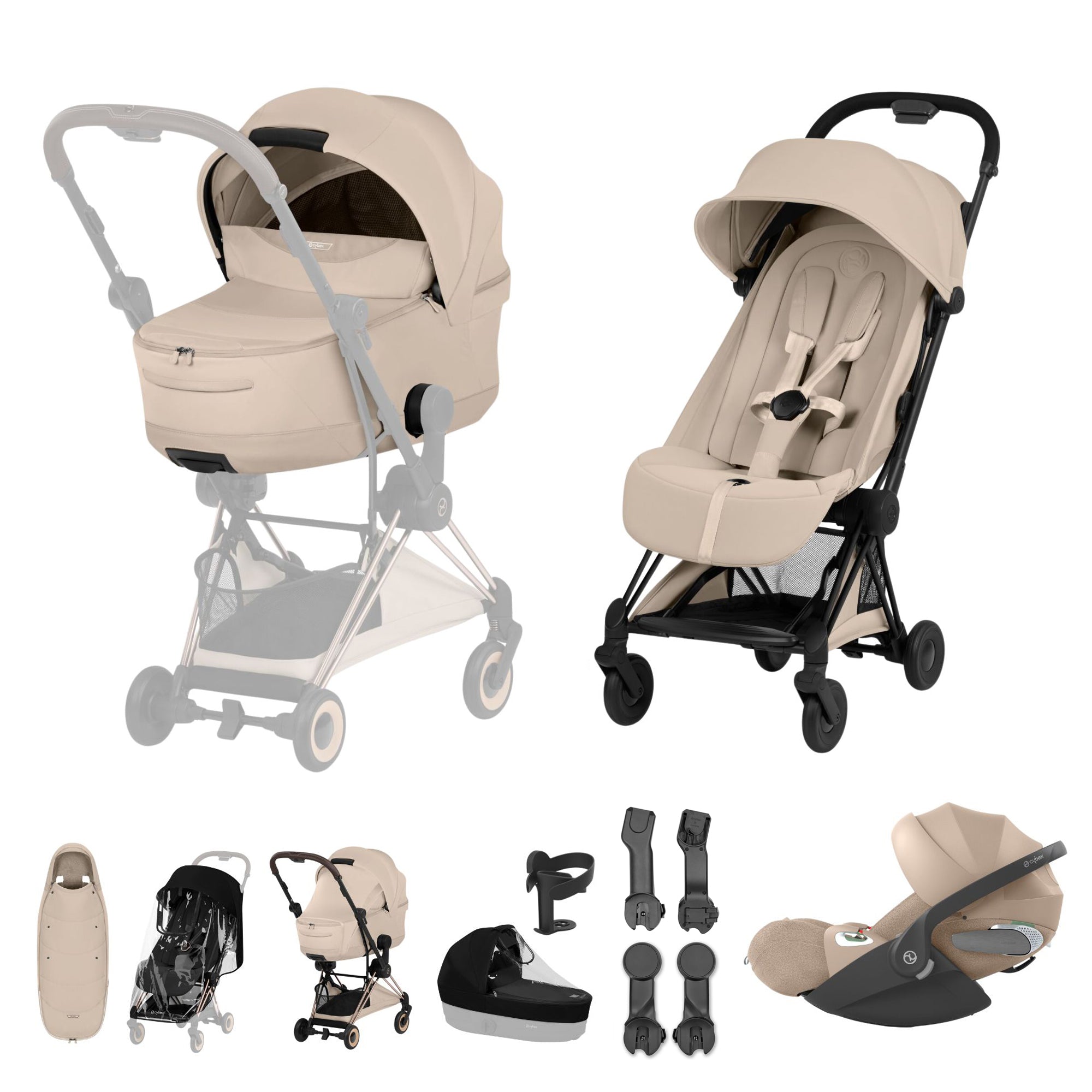 Cybex COYA Fold Cot Ultimate Travel System Bundle - Style Cozy Beige & Matt Black Frame