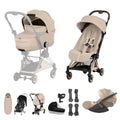 Cybex COYA Fold Cot Ultimate Travel System Bundle - Style Cozy Beige & Rose Gold Frame
