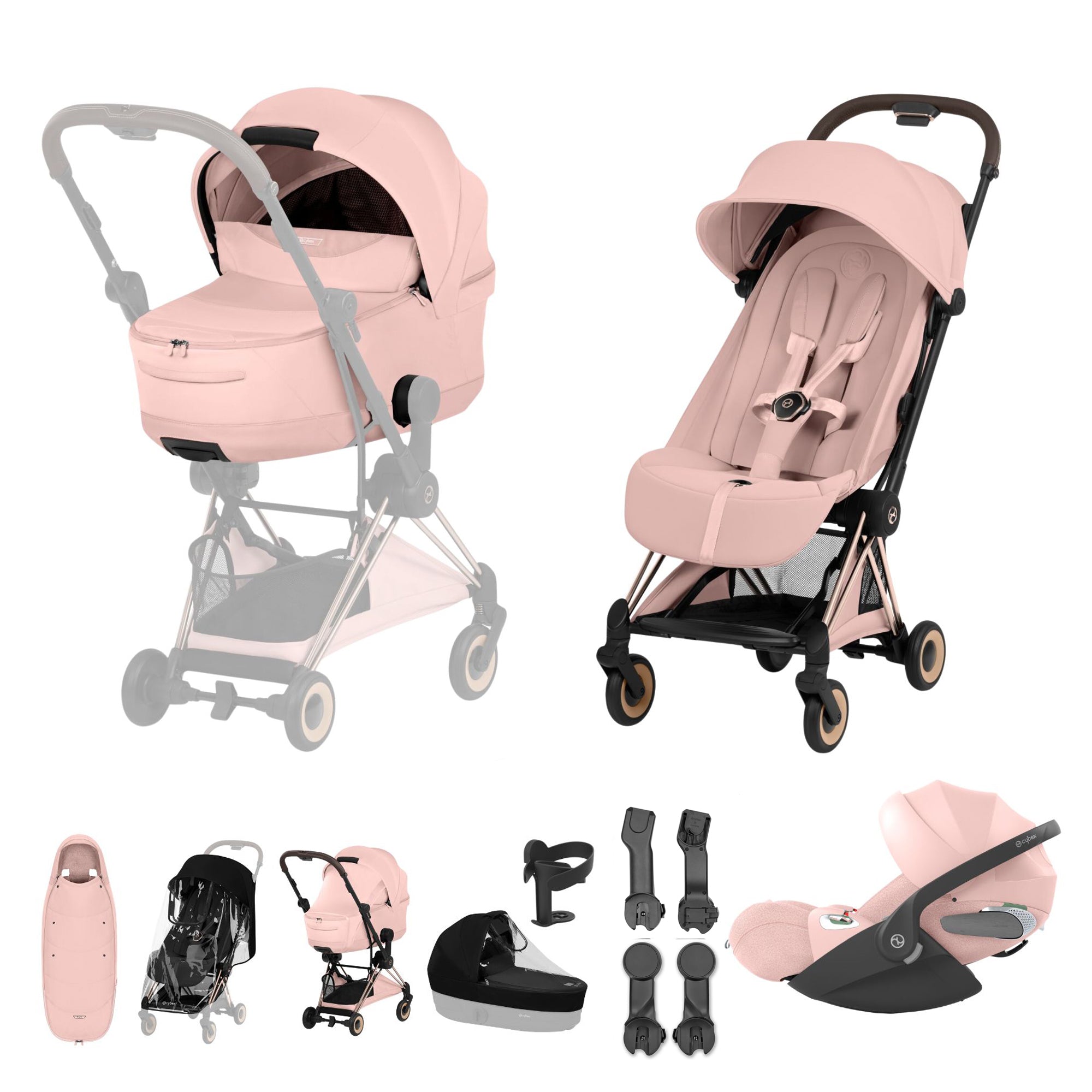Cybex COYA Fold Cot Ultimate Travel System Bundle - Style Peach Pink & Rose Gold Frame