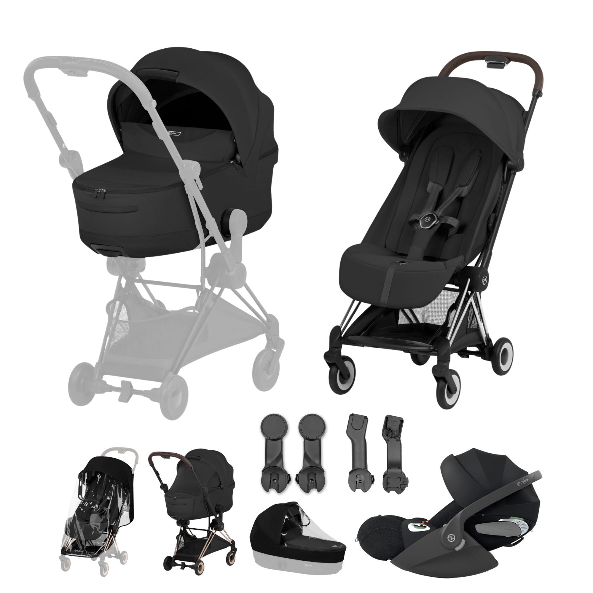 Cybex COYA Fold Cot Travel System Bundle - Style Sepia Black & Chrome Brown Frame
