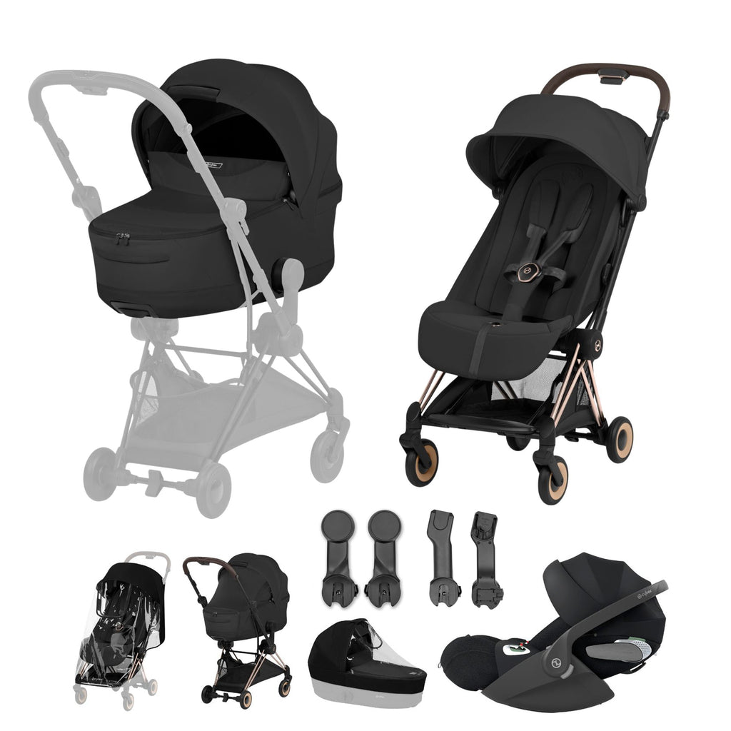 Cybex Coya Fold Cot Travel System Bundle - Style Sepia Black with Rose Gold Frame