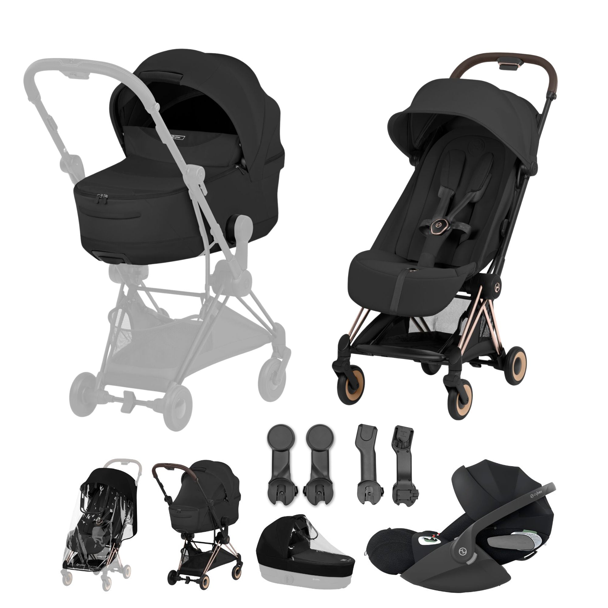Cybex Coya Fold Cot Travel System Bundle - Style Sepia Black with Rose Gold Frame