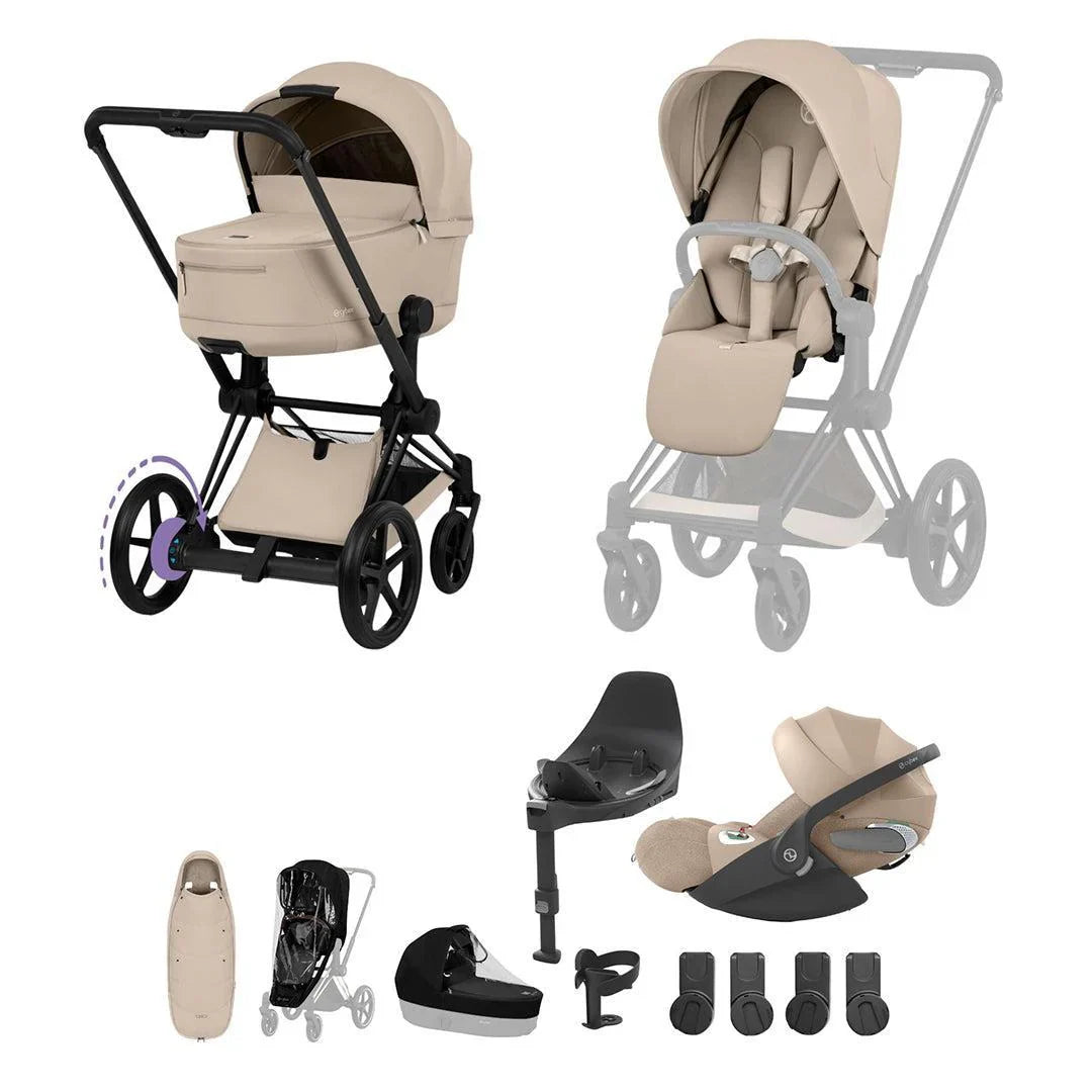 Cybex e-PRIAM Fold Cot Ultimate Travel System Bundle - Comfort Cozy Beige & Matt Black Frame
