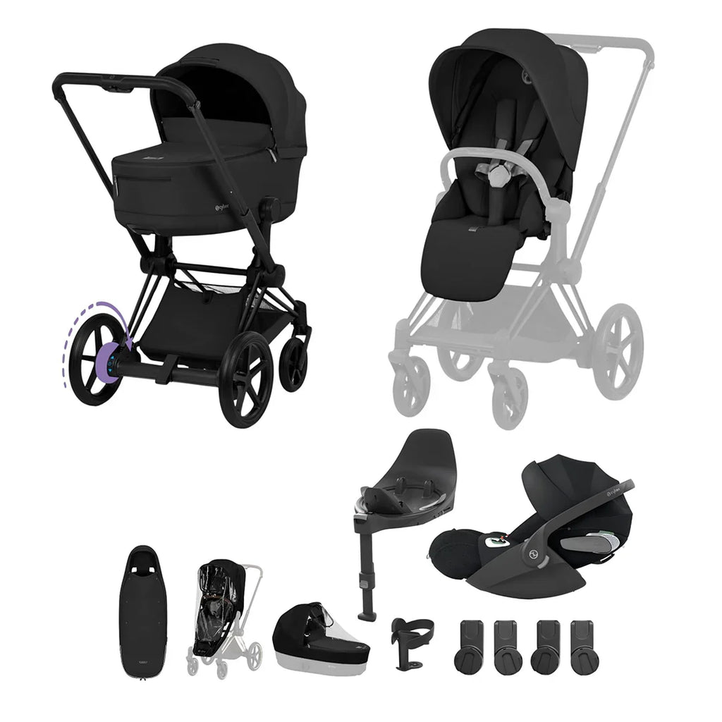 Cybex e-PRIAM Fold Cot Ultimate Travel System Bundle  - Comfort Sepia Black & Matt Black Frame