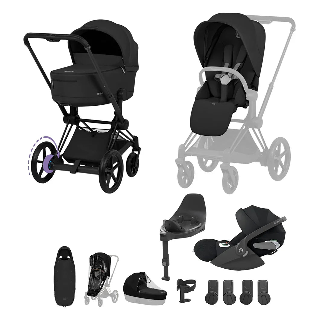 Cybex e-PRIAM Fold Cot Ultimate Travel System Bundle  - Comfort Sepia Black & Matt Black Frame