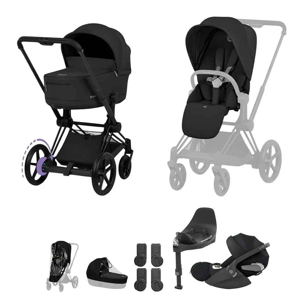 Cybex e-PRIAM Fold Cot Travel System Bundle - Comfort Sepia Black & Matt Black Frame