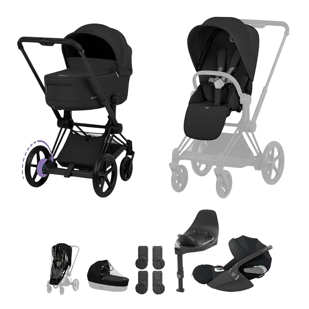 Cybex e-PRIAM Fold Cot Travel System Bundle - Comfort Sepia Black & Matt Black Frame