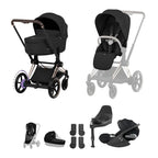 Cybex e-PRIAM Fold Cot Travel System Bundle - Comfort Sepia Black & Rose Gold Frame