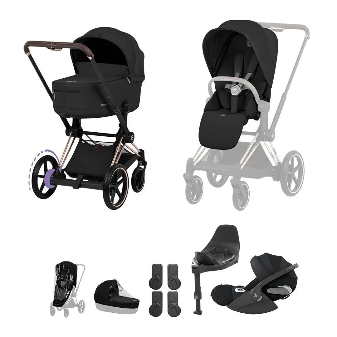 Cybex e-PRIAM Fold Cot Travel System Bundle - Comfort Sepia Black & Rose Gold Frame