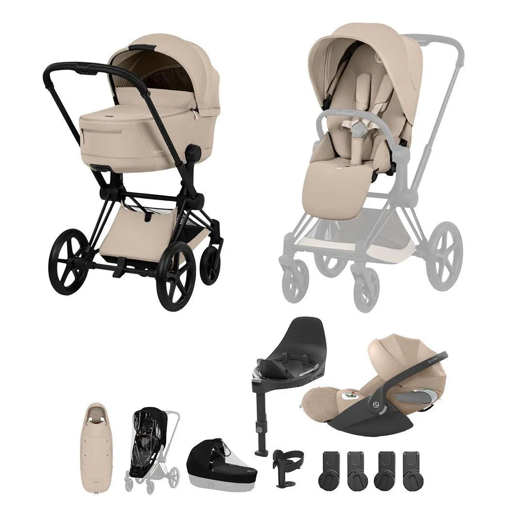 Cybex PRIAM Fold Cot Ultimate Travel System Bundle - Comfort Cozy Beige & Matt Black Frame