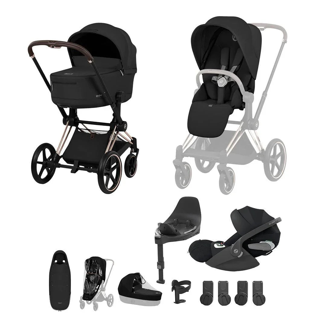 Cybex PRIAM Fold Cot Ultimate Travel System Bundle - Comfort Sepia Black & Rose Gold Frame