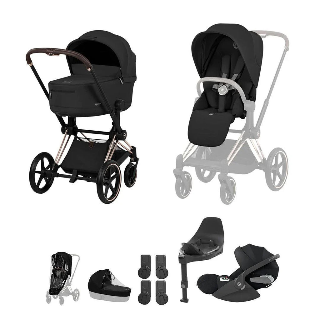 Cybex PRIAM Fold Cot Travel System Bundle - Comfort Sepia Black & Rose Gold Frame