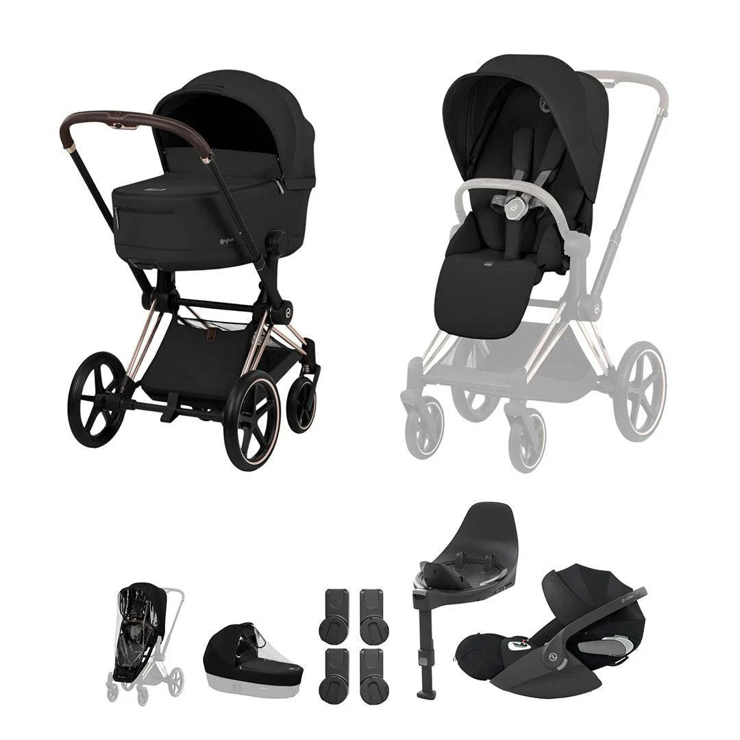 Cybex PRIAM Fold Cot Travel System Bundle - Comfort Sepia Black & Rose Gold Frame