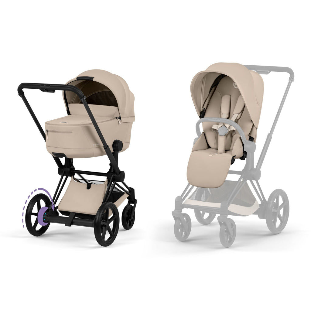 Cybex e-PRIAM Fold Cot Ultimate Travel System Bundle - Comfort Cozy Beige & Matt Black Frame